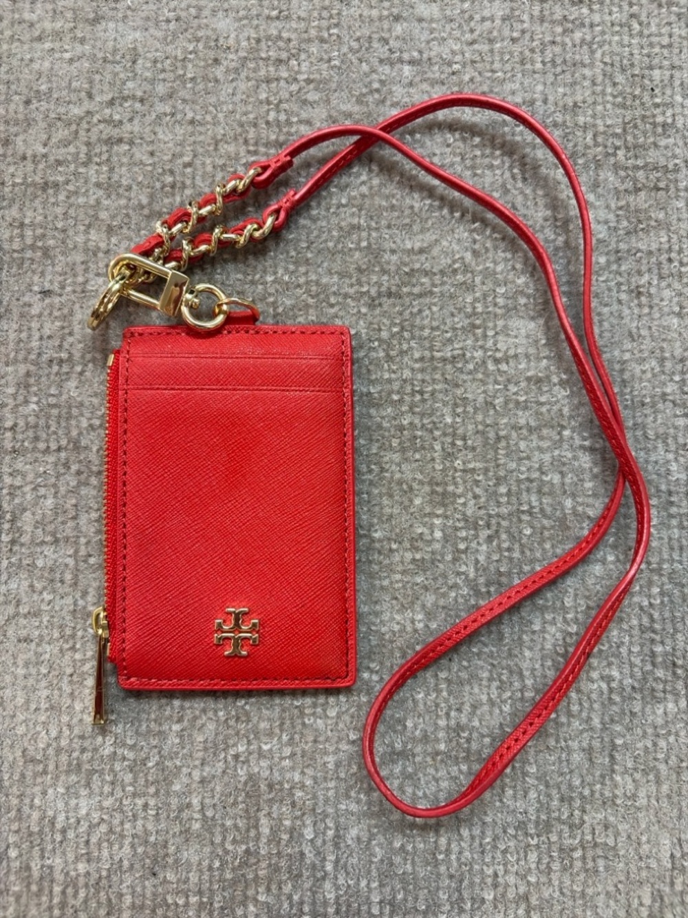 Tory Burch Red Saffiano Leather Card Holder Lanyard Wallet Gold Chain